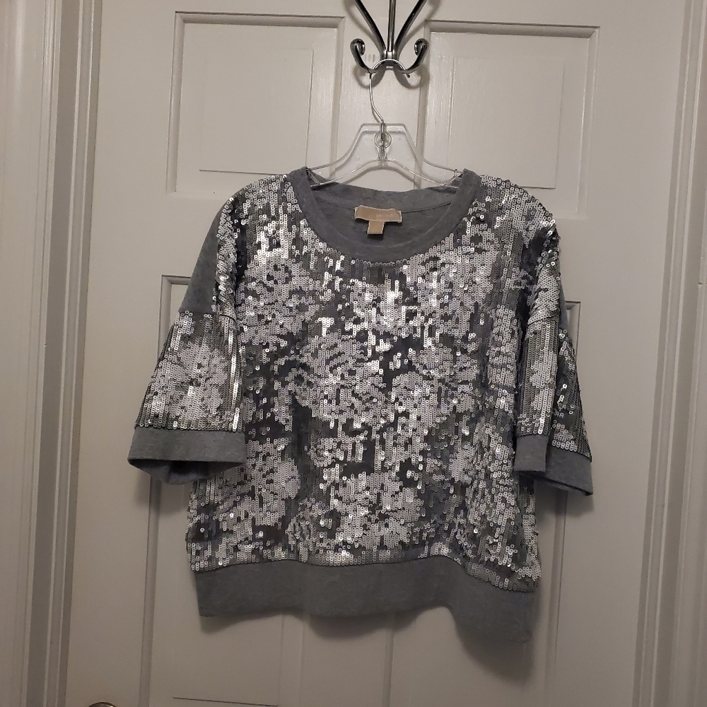 Michael Michael Kors Grey Knit with Floral Sequin Top Size Large, shimmer - Picture 9 of 10